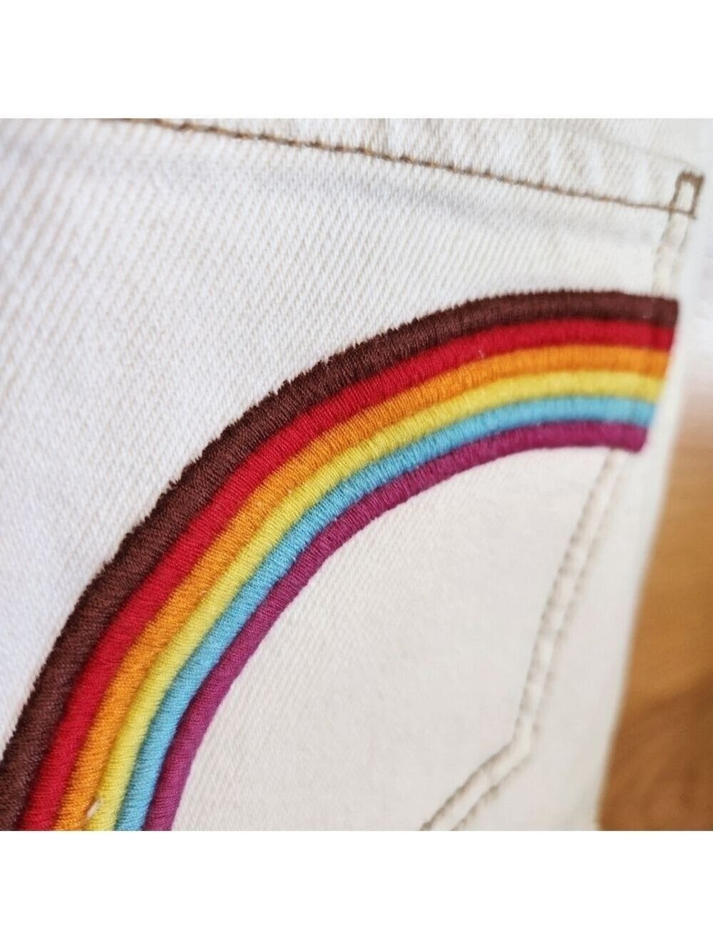 SO SUPER HIGH RISE CUT OFF DENIM JEAN SHORT RAINBOW EMBROIDERED POCKET SIZE 27/5 - Picture 4 of 7